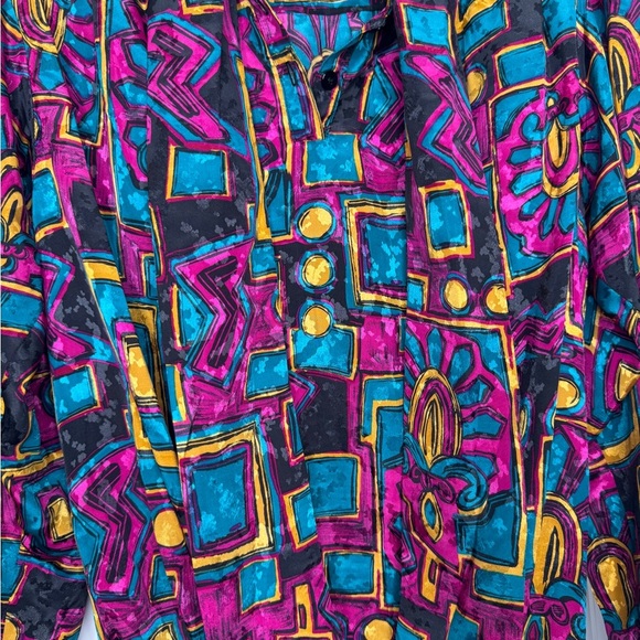 Vintage Da-Rue Multicolored Blouse with Tie, Shoulder Pads, Elastic Waist - Picture 2 of 9